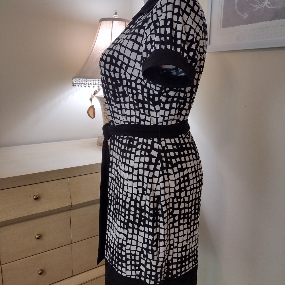 Chaps XL Black Ivory Abstract Classic Collared Short Sleeve Belted Shirt Waist - Picture 5 of 11